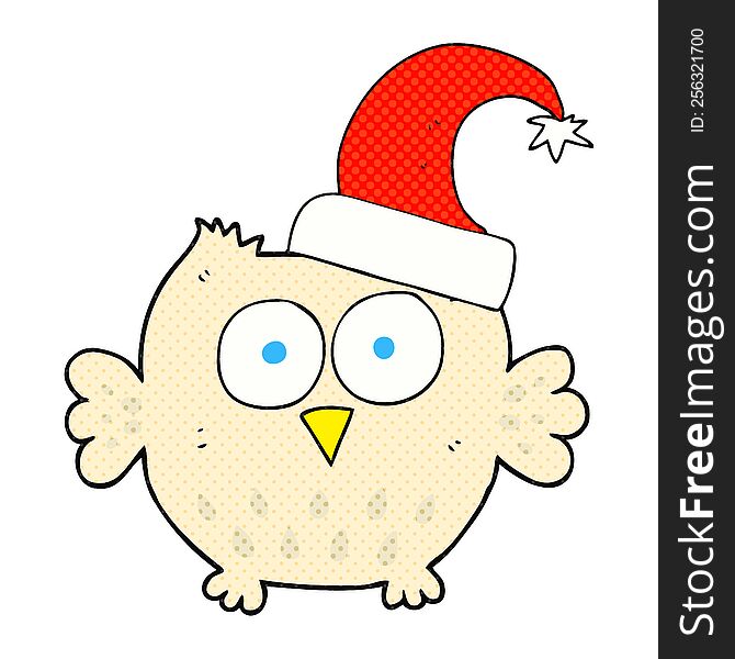 freehand drawn cartoon little owl wearing christmas hat