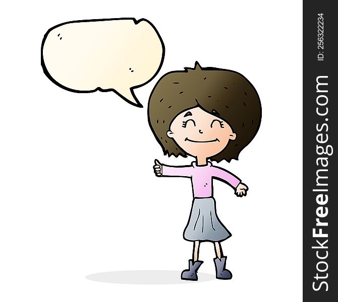 Cartoon Happy Girl Giving Thumbs Up Symbol With Speech Bubble