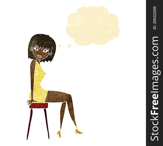 Cartoon Woman Sitting On Stool With Thought Bubble