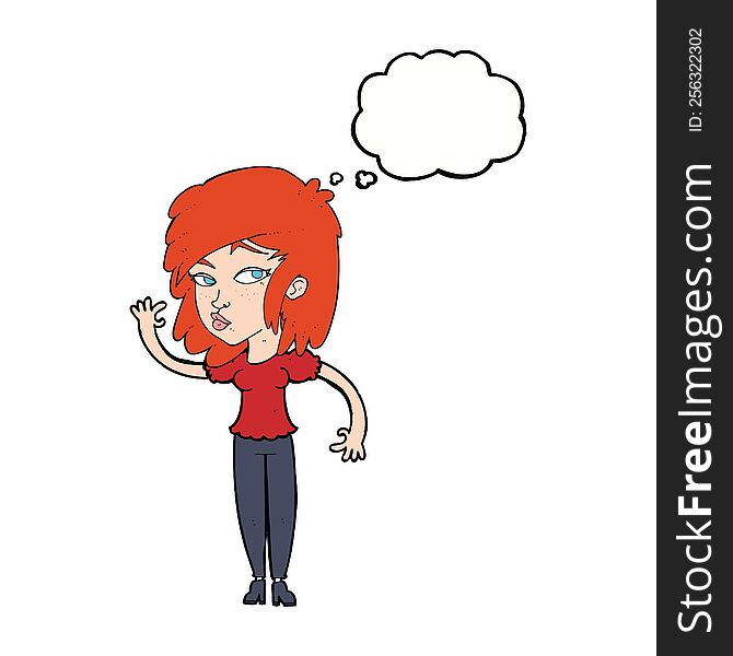 Cartoon Pretty Woman Waving With Thought Bubble