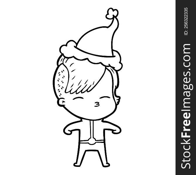 line drawing of a girl wearing futuristic clothes wearing santa hat