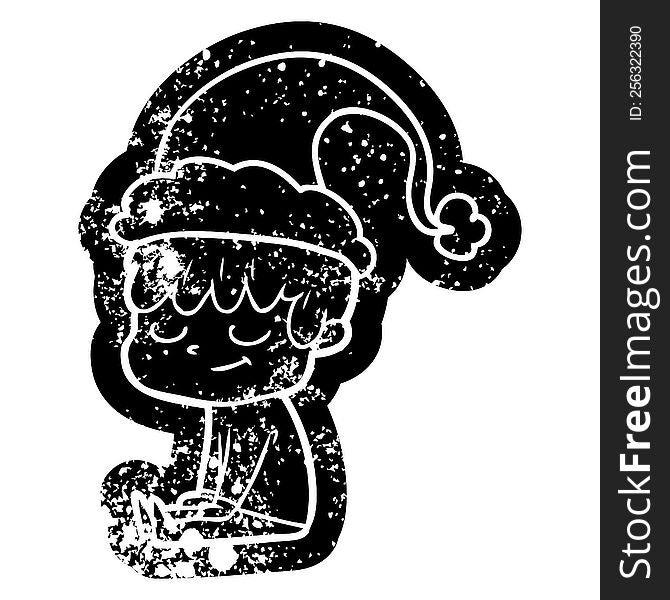 quirky cartoon distressed icon of a happy boy wearing santa hat