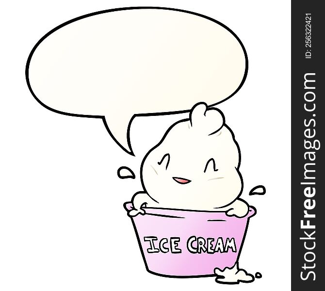 Cute Cartoon Ice Cream And Speech Bubble In Smooth Gradient Style
