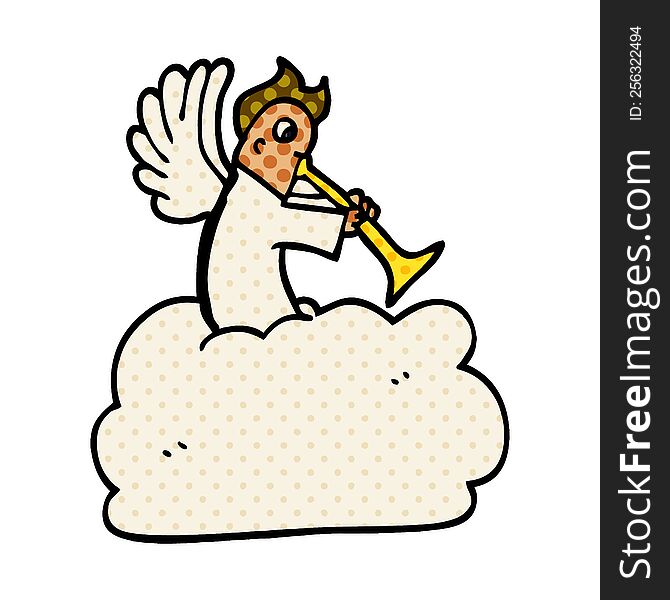 Cartoon Doodle Angel On Cloud With Trumpet