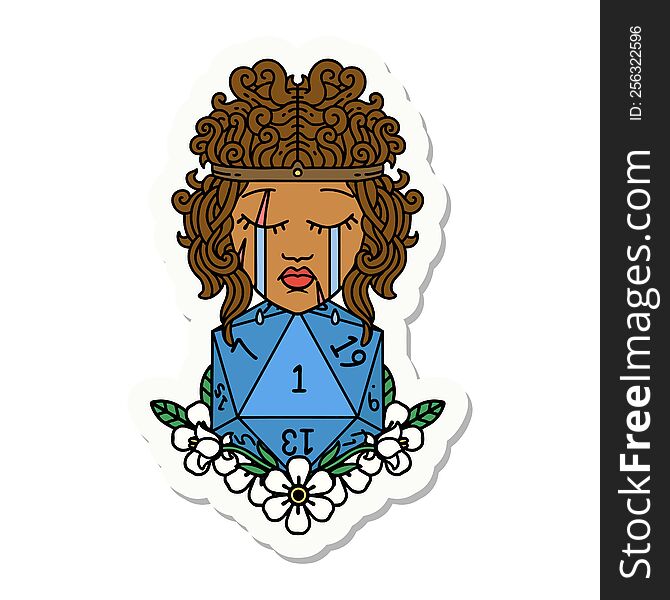 sticker of a crying human barbarian with natural one D20 roll. sticker of a crying human barbarian with natural one D20 roll