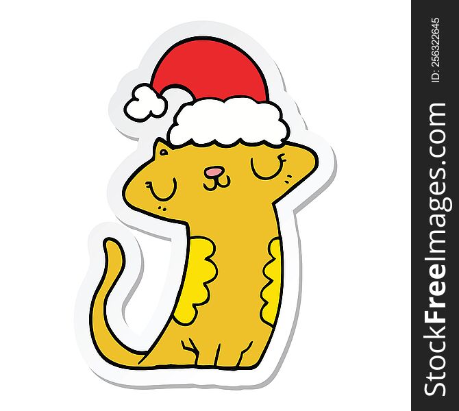 Sticker Of A Cute Cartoon Cat Wearing Christmas Hat
