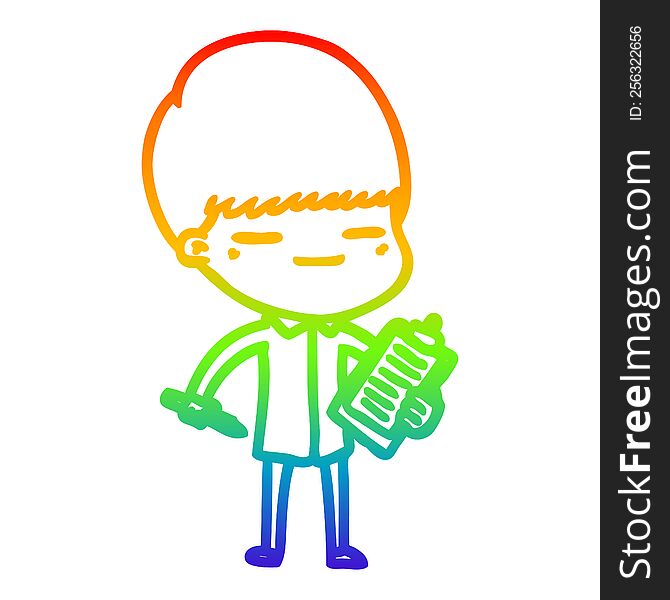 rainbow gradient line drawing of a cartoon smug boy with clip board