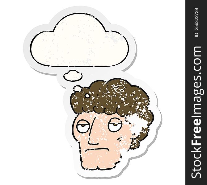 cartoon bored man and thought bubble as a distressed worn sticker