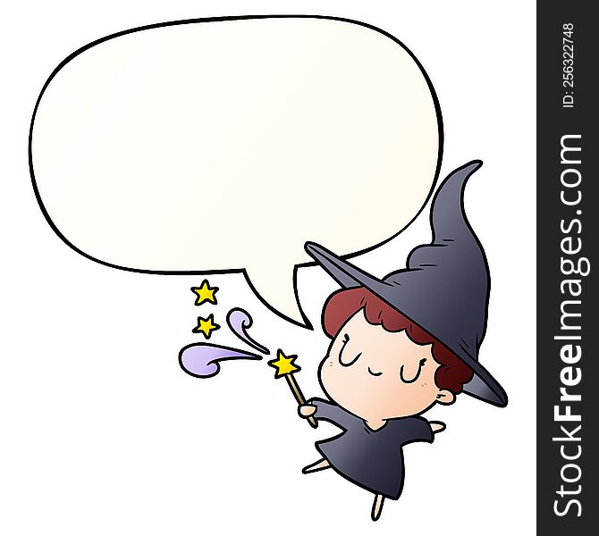 cute cartoon witch casting spell and speech bubble in smooth gradient style