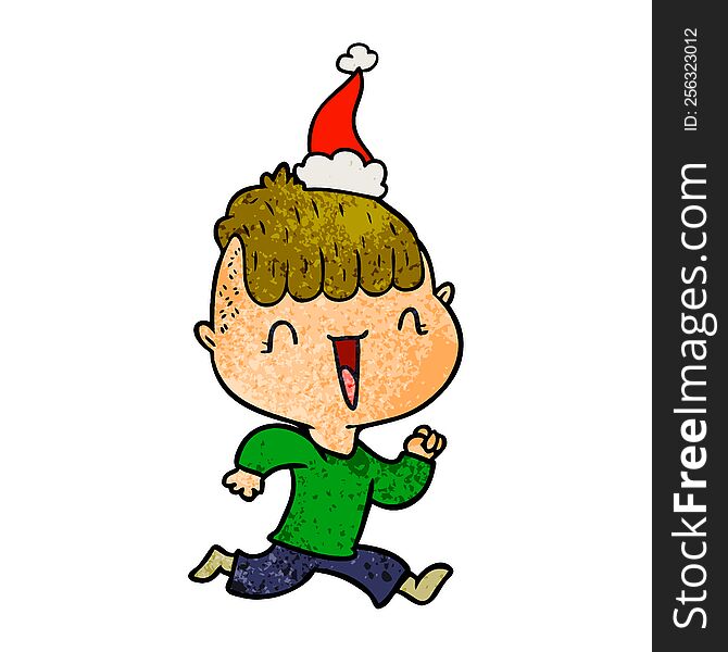 hand drawn textured cartoon of a happy boy surprised wearing santa hat