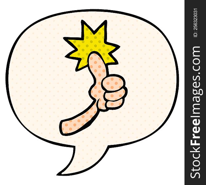 cartoon thumbs up sign with speech bubble in comic book style