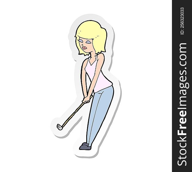 Sticker Of A Cartoon Woman Playing Golf