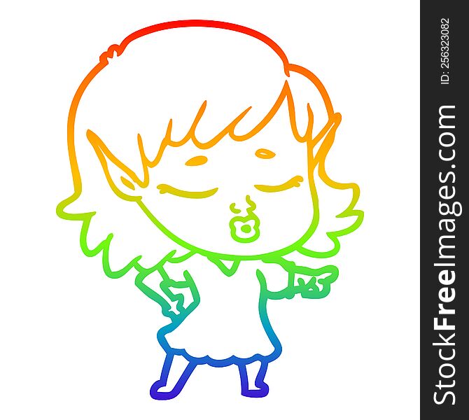 Rainbow Gradient Line Drawing Pretty Cartoon Elf Girl