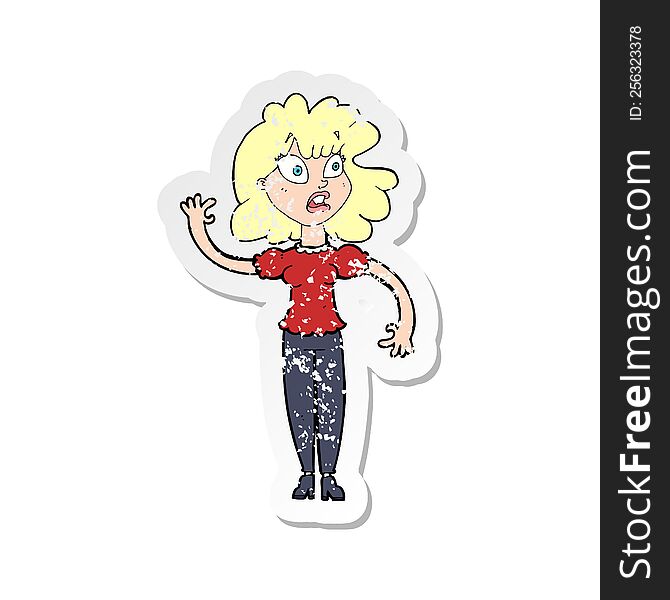 Retro Distressed Sticker Of A Cartoon Worried Woman Waving