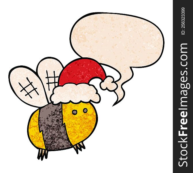 Cute Cartoon Bee Wearing Christmas Hat And Speech Bubble In Retro Texture Style