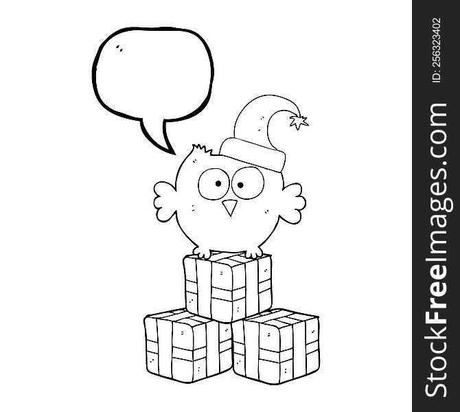 freehand drawn speech bubble cartoon little owl wearing christmas hat