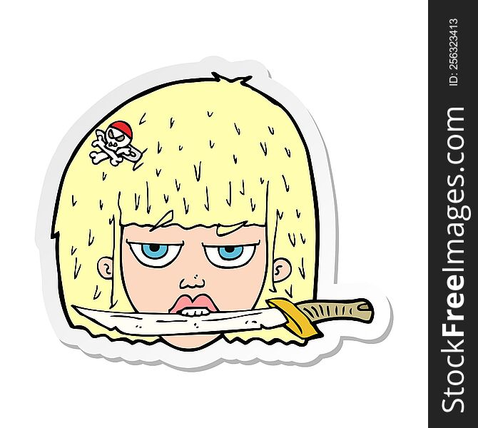 sticker of a cartoon woman holding knife between teeth