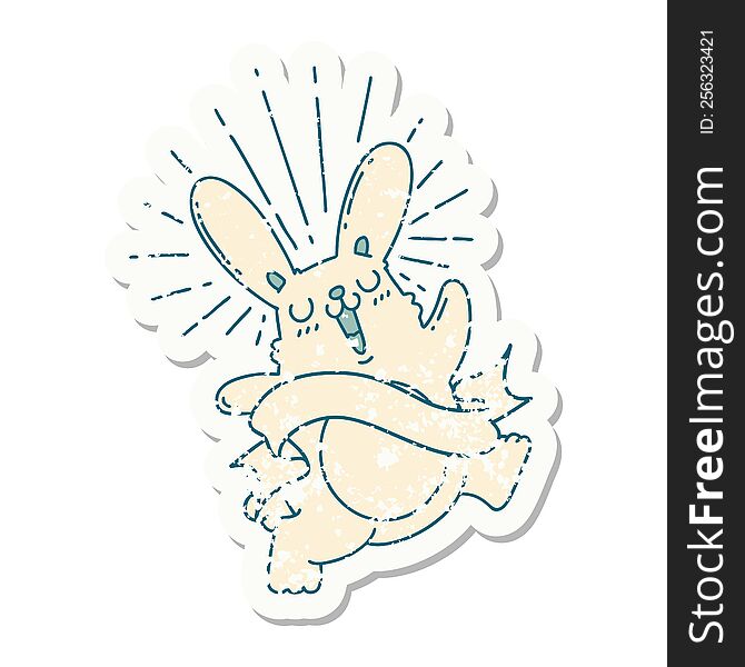 worn old sticker of a tattoo style prancing rabbit. worn old sticker of a tattoo style prancing rabbit