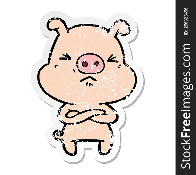 Distressed Sticker Of A Cartoon Angry Pig