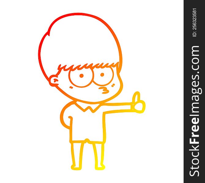 warm gradient line drawing curious cartoon boy giving thumbs up sign