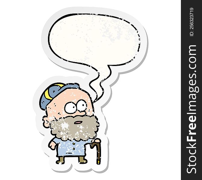 Old Cartoon Man And Walking Stick And Flat Cap And Speech Bubble Distressed Sticker