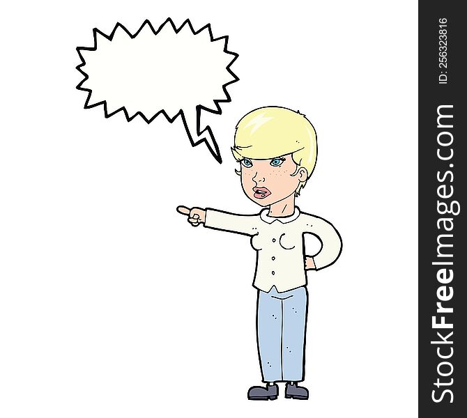 cartoon woman pointing finger of blame with speech bubble