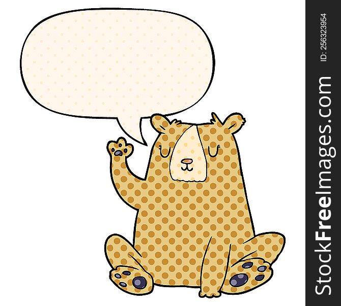 Cartoon Bear;waving And Speech Bubble In Comic Book Style