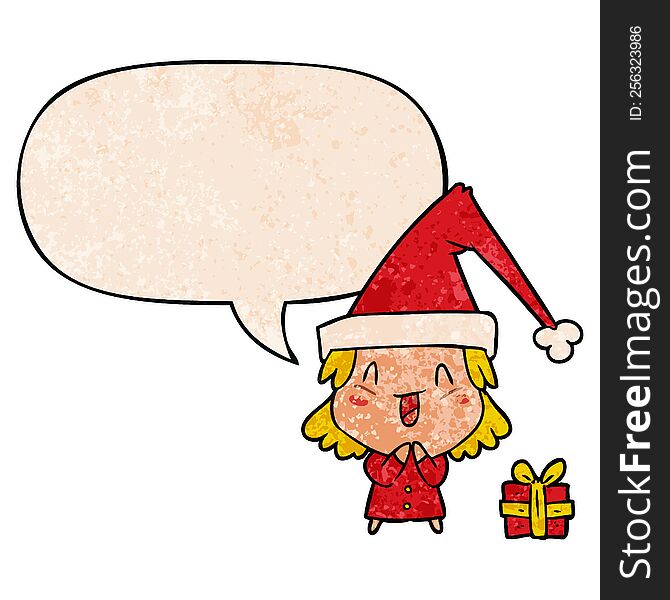 cartoon girl wearing christmas hat with speech bubble in retro texture style