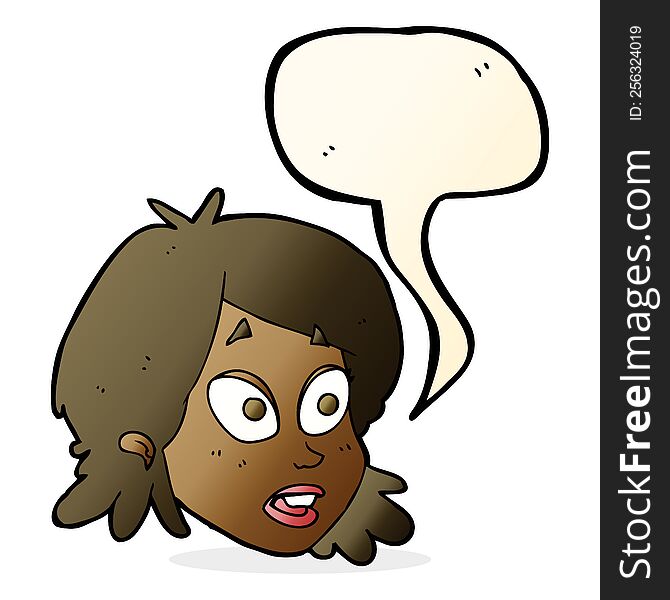 cartoon female face with surprised expression with speech bubble