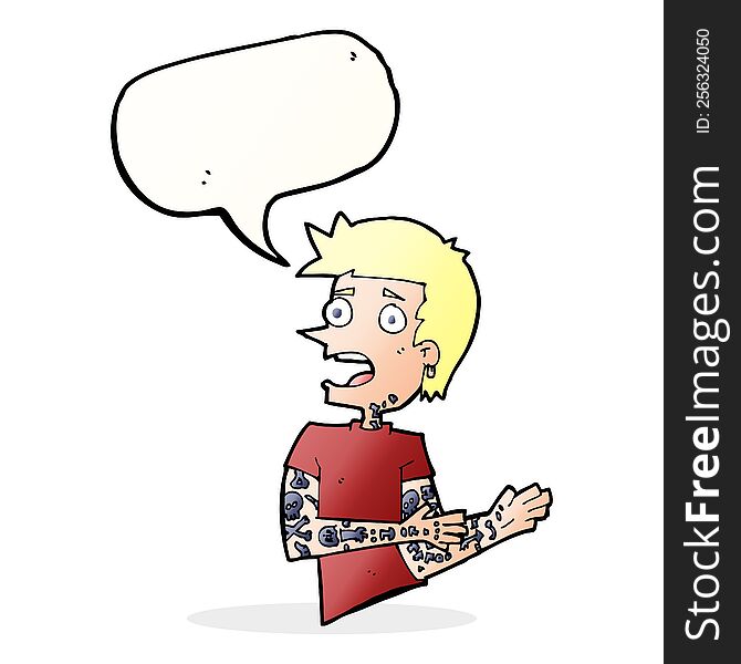 cartoon man with tattoos with speech bubble