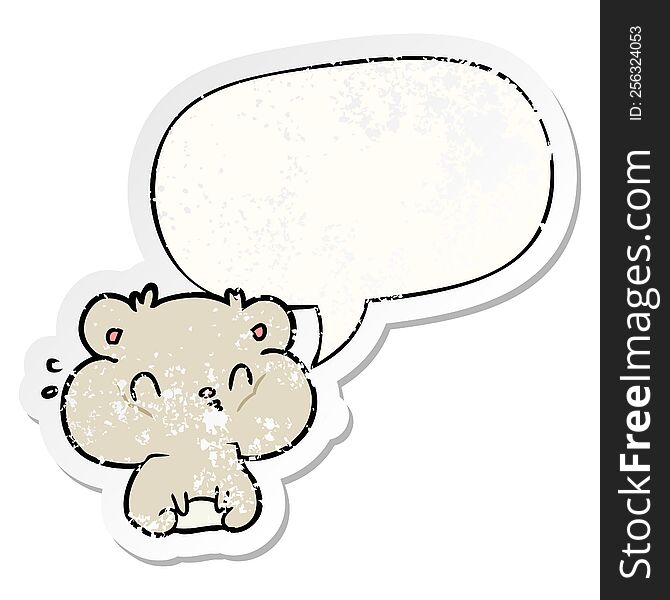 cartoon hamster with full cheek pouches with speech bubble distressed distressed old sticker. cartoon hamster with full cheek pouches with speech bubble distressed distressed old sticker