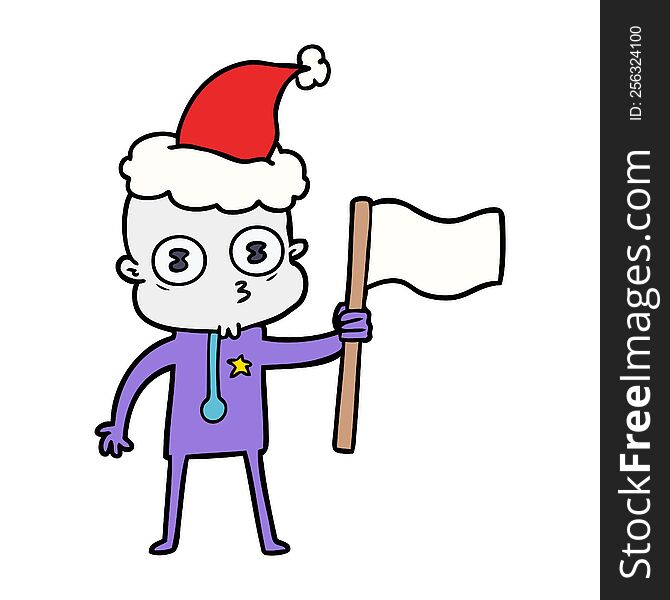 hand drawn line drawing of a weird bald spaceman with flag wearing santa hat