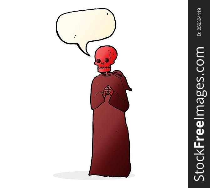 cartoon spooky skeleton in robe with speech bubble