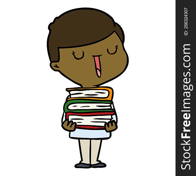 cartoon happy boy with stack of books. cartoon happy boy with stack of books