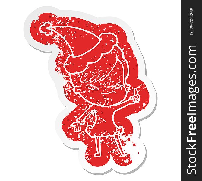 Cute Cartoon Distressed Sticker Of A Girl With Hipster Haircut Wearing Santa Hat