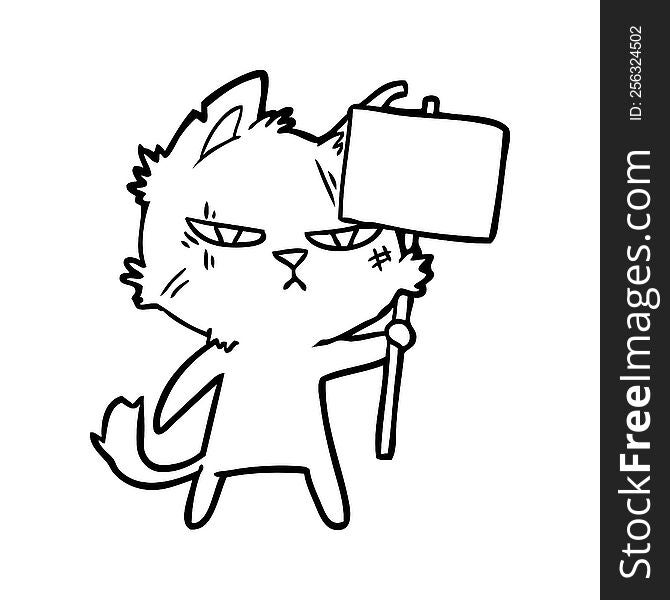 tough cartoon cat with protest sign. tough cartoon cat with protest sign