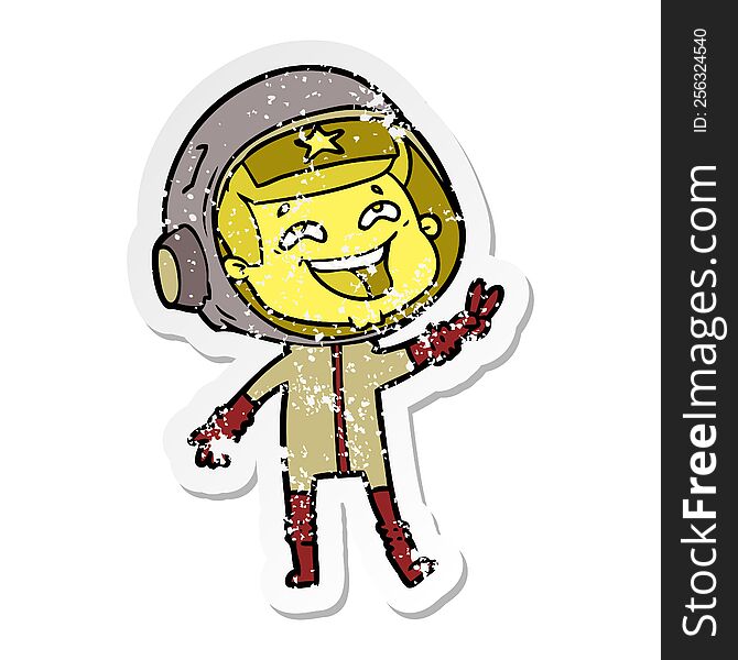 distressed sticker of a cartoon laughing astronaut