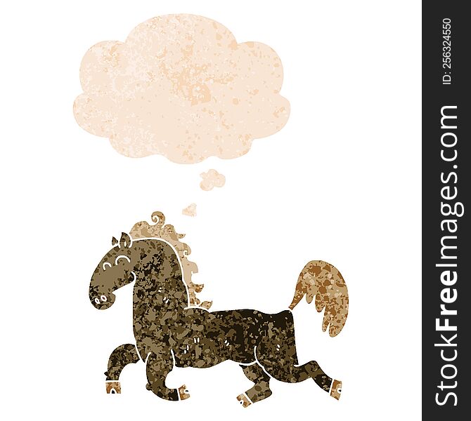 cartoon stallion and thought bubble in retro textured style
