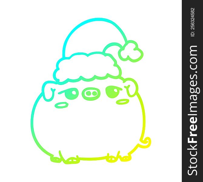 Cold Gradient Line Drawing Cartoon Pig Wearing Christmas Hat