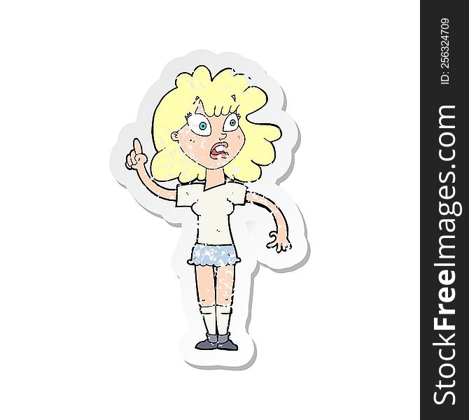 retro distressed sticker of a cartoon woman making point