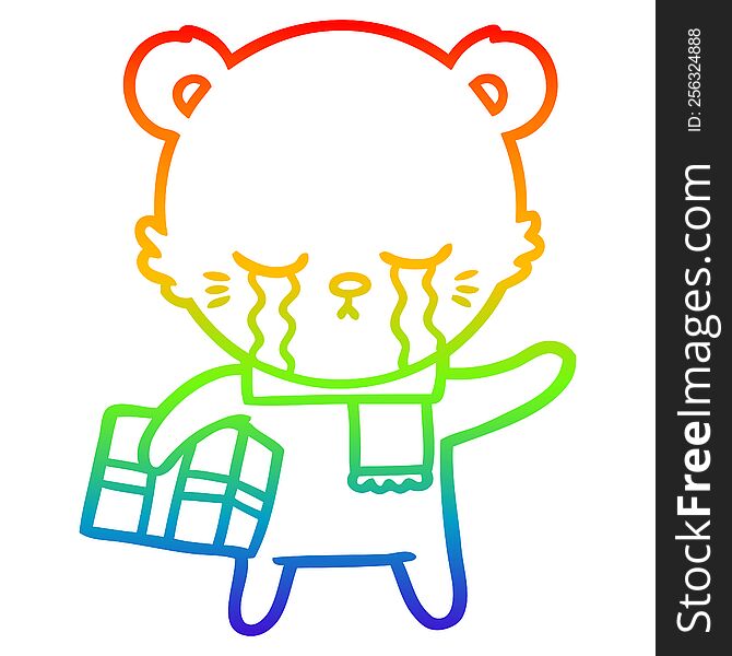Rainbow Gradient Line Drawing Crying Cartoon Bear With Present