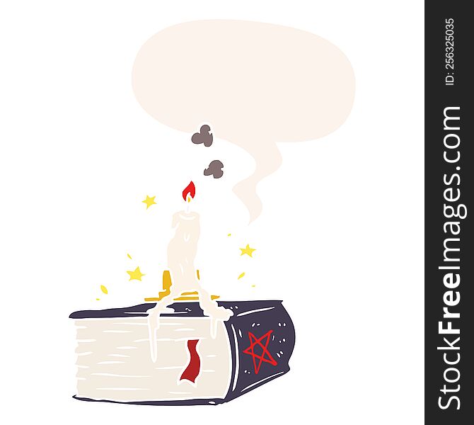 Cartoon Spooky Spellbook And Dribbling Candle And Speech Bubble In Retro Style