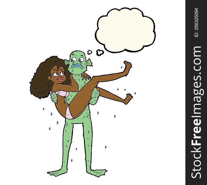cartoon swamp monster carrying woman in bikini with thought bubble