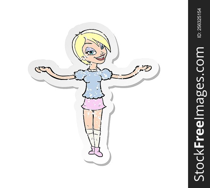 Retro Distressed Sticker Of A Cartoon Woman Making Open Arm Gesture