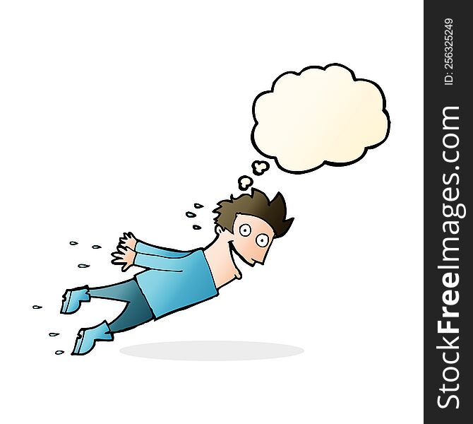 Cartoon Drenched Man Flying With Thought Bubble