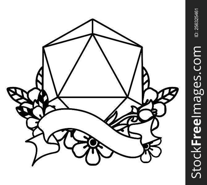 Black and White Tattoo linework Style natural one d20 dice roll. Black and White Tattoo linework Style natural one d20 dice roll