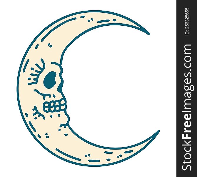 iconic tattoo style image of a skull moon. iconic tattoo style image of a skull moon