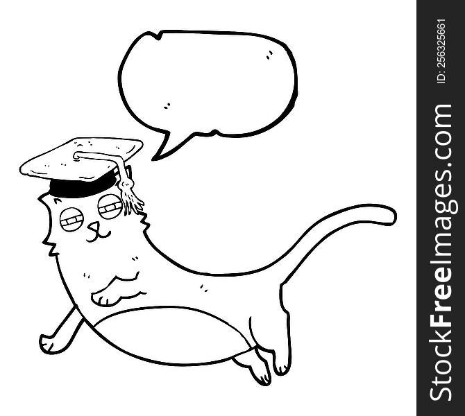 freehand drawn speech bubble cartoon cat with graduate cap