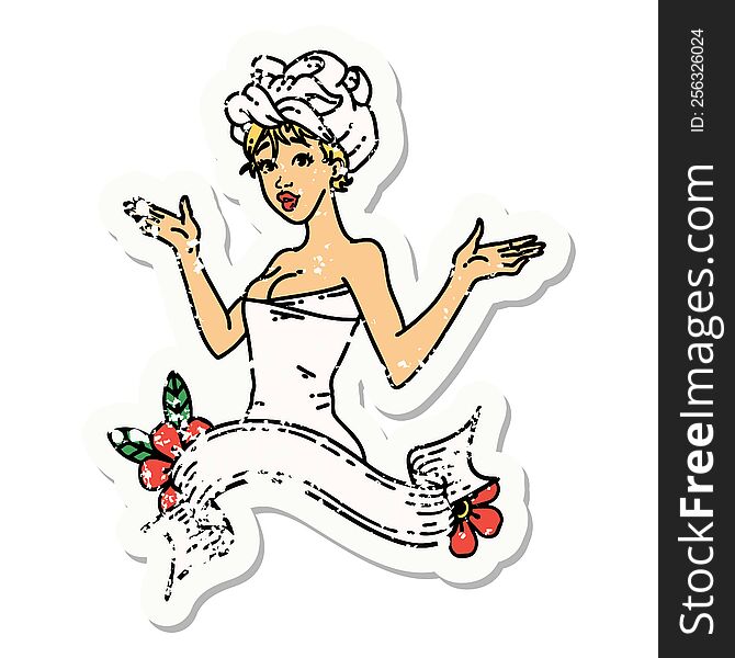 distressed sticker tattoo in traditional style of a pinup girl in towel with banner. distressed sticker tattoo in traditional style of a pinup girl in towel with banner