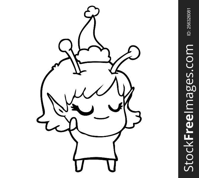 Smiling Alien Girl Line Drawing Of A Wearing Santa Hat